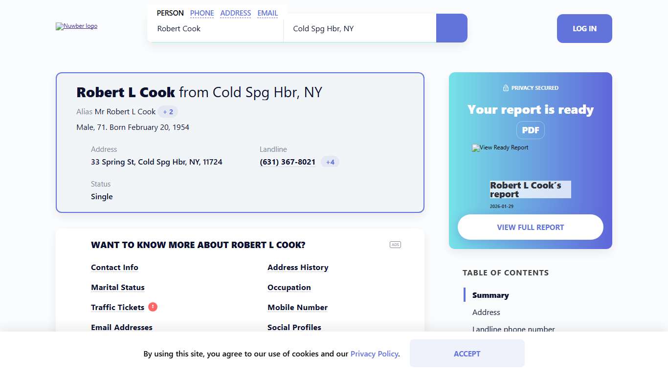 Robert L Cook, (631) 367-8021, 33 Spring St, Cold Spg Hbr, NY Nuwber